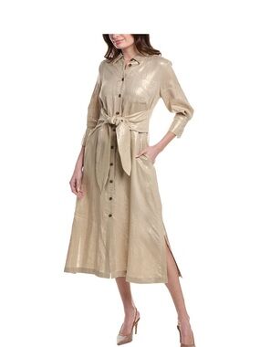MARELLA Metallic Beige Tie-Waist Midi Shirt Dress